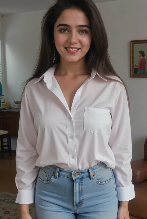 Beautiful 20 year girl, beautiful smile, Light make up, 8k, White Shirt, Denim Jeans, Standing, In Her Living room