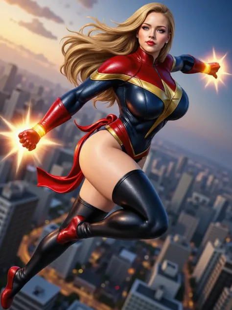 ray tracing, UHD, HDR, 16k, masterpiece, cinematic, photorealistic, award winning, marvel comics character, ms marvel, voluptuous, athletic, beautiful long hair, tight clothes, skin indentation, confident expression, heroic pose, flying in the air, energy ...