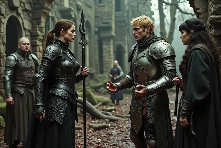 A photograph of a tall woman in intricately etched full-plate ebony armour, wielding a black glaive. She appears unkempt, with long brown hair tied in a ponytail, fair skin, and light green eyes. She is in a heated argument with an angry, muscular blonde m...
