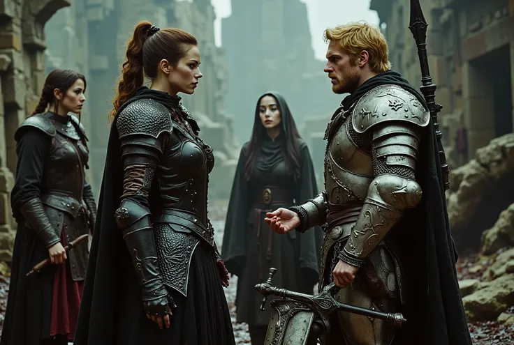 A photograph of a tall woman in intricately etched full-plate ebony armour, wielding a black glaive. She appears unkempt, with long brown hair tied in a ponytail, fair skin, and light green eyes. She is in a heated argument with an angry, muscular blonde m...
