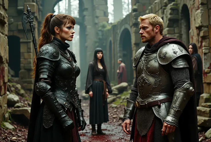 A photograph of a tall woman in intricately etched full-plate ebony armour, wielding a black glaive. She appears unkempt, with long brown hair tied in a ponytail, fair skin, and light green eyes. She is in a heated argument with an angry, muscular blonde m...