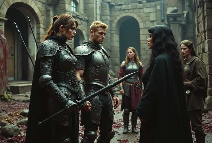 A photograph of a tall woman in intricately etched full-plate ebony armour, wielding a black glaive. She appears unkempt, with long brown hair tied in a ponytail, fair skin, and light green eyes. She is in a heated argument with an angry, muscular blonde m...