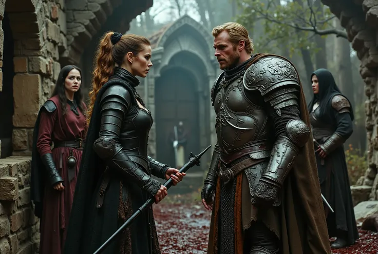 A photograph of a tall woman in intricately etched full-plate ebony armour, wielding a black glaive. She appears unkempt, with long brown hair tied in a ponytail, fair skin, and light green eyes. She is in a heated argument with an angry, muscular blonde m...