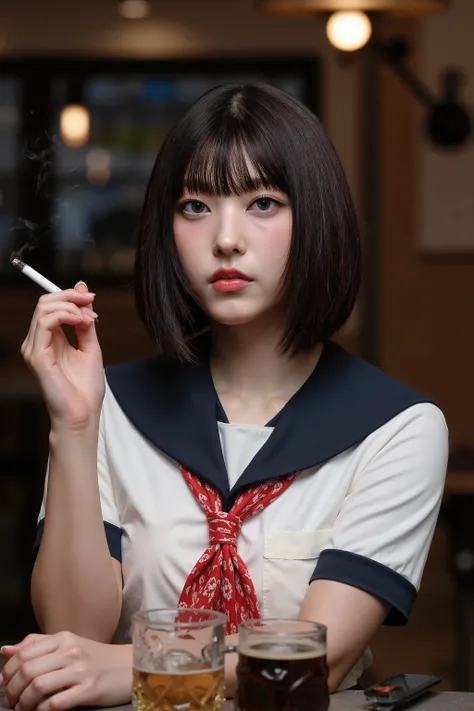 A high resolution photograph of a young Japanese woman. She wears a sailor suit with short-sleeve ivory top, navy blue collar, red neckerchief and navy blue pleated skirt as school uniform. She has flawless porcelain-white skin. Her hairstyle is short bob ...