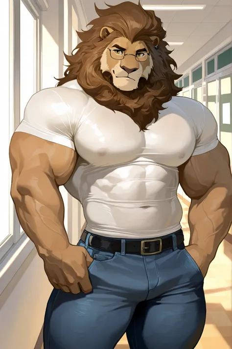 solo, 1boy, A muscular anthropomorphic lion, standing in a school setting. He is wearing casual clothes, including a simple t-shirt and jeans, with glasses perched on his nose. His posture is relaxed, giving off a calm, approachable vibe as he stands in a ...