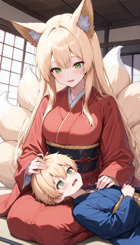 score_9, score_8_up, score_7_up, score_6_up, score_5_up, score_4_up, Embarrassed, (masterpiece:1.3, perfect details:1.3, best quality:1.3, 8k wallpaper), ((beautiful detailed eyes, clean eyes)), source_anime, ((1girl, fox girl, blonde long hair,multiple ta...