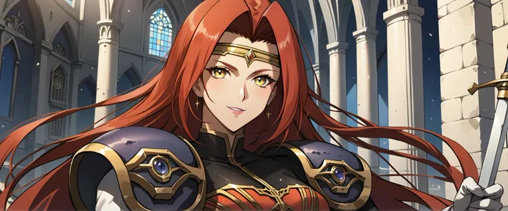 (score_9,score_8_up,score_7_up,BREAK source_anime,(masterpiece:1.2),best quality,very aesthetic,public indecency,absurdres),masterpiece,best quality,very aesthetic,absurdres,intricate details,fantasy,1girl,solo, fana,sword,circlet,red hair,yellow eyes,very...