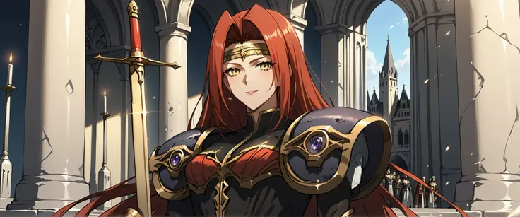 (score_9,score_8_up,score_7_up,BREAK source_anime,(masterpiece:1.2),best quality,very aesthetic,public indecency,absurdres),masterpiece,best quality,very aesthetic,absurdres,intricate details,fantasy,1girl,solo, fana,sword,circlet,red hair,yellow eyes,very...