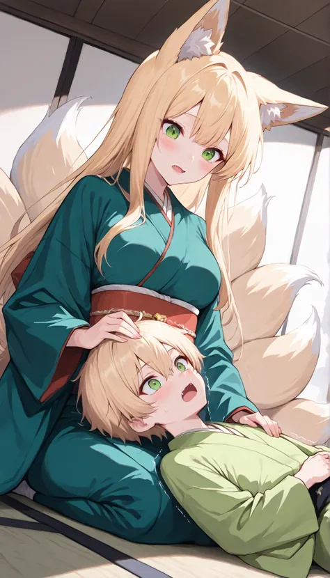 score_9, score_8_up, score_7_up, score_6_up, score_5_up, score_4_up, Embarrassed, (masterpiece:1.3, perfect details:1.3, best quality:1.3, 8k wallpaper), ((beautiful detailed eyes, clean eyes)), source_anime, ((1girl, fox girl, blonde long hair,multiple ta...