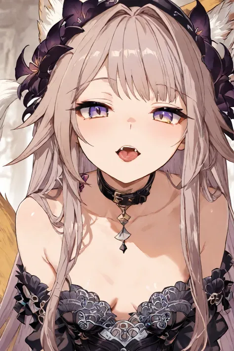 Fox girl, light-Blonde, Renard, Cunning, Fox tail, collar, Beautiful, Long Hair, Golden Eyes, Alluring, small breasts, black lace dress, thigh-high stockings, close up, garter, Herta-like hair