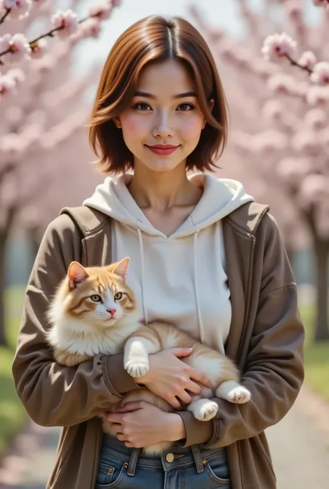 A 20-year-old girl with short, brown hair stands solo, looking directly at the viewer with a warm smile. She's dressed in a white hoodie, denim jeans, and a brown jacket, hood down, cradling a fluffy cat in her arms. The cat's soft fur blends with the vibr...