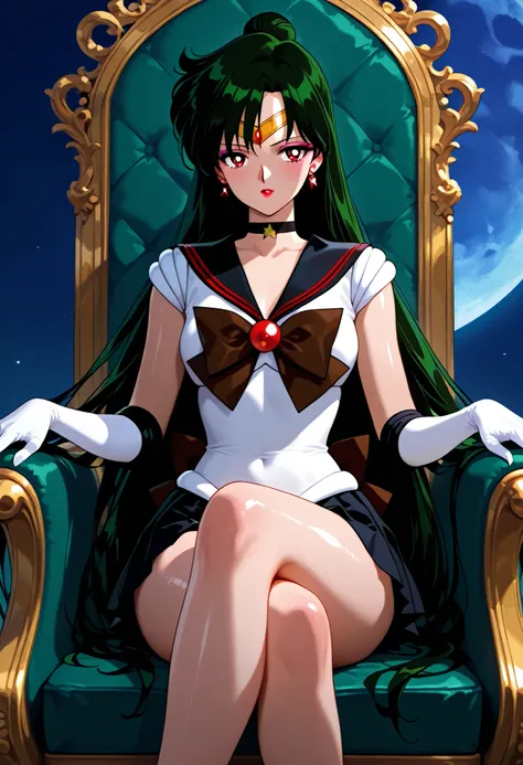 masterpiece,best quality,amazing quality, mature, small breasts, setsuna meiou, long hair, red eyes, very long hair, green hair, hair bun, single hair bun, makeup, lipstick,skirt, gloves, bow, jewelry, pleated skirt, earrings, choker, elbow gloves, white g...