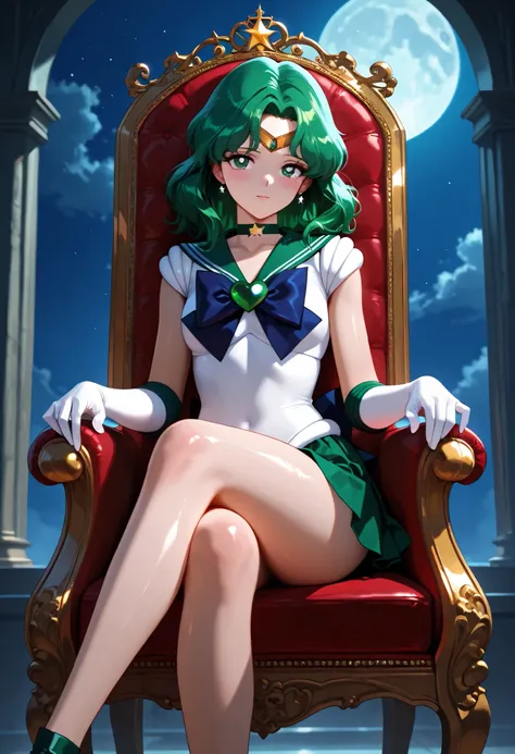 masterpiece,best quality,amazing quality, mature, small breasts, michiru kaiou, green eyes, tiara, green hair, medium hair, brooch, choker, gloves,  heart brooch, magical girl, sailor senshi uniform, skirt, star choker, white gloves, bow, green bow, green ...