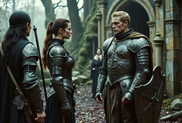 A photograph of a tall woman in intricately etched full-plate ebony armour, wielding a black glaive. She appears unkempt, with long brown hair tied in a ponytail, fair skin, and light green eyes. She is in a heated argument with an angry, muscular blonde m...