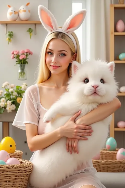 A cute woman (swh, airy summer dress, bunny ears headband)  is in her living room, Easter decorations, she is holding a big white bunny