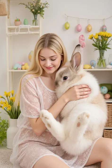 A cute woman (swh, airy summer dress, bunny ears headband) is in her living room, Easter decorations, she is holding a big white bunny
