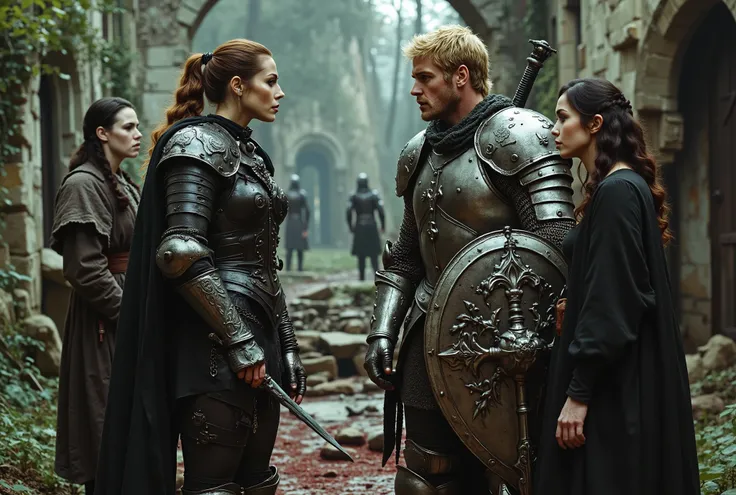A photograph of a tall woman in intricately etched full-plate ebony armour, wielding a black glaive. She appears unkempt, with long brown hair tied in a ponytail, fair skin, and light green eyes. She is in a heated argument with an angry, muscular blonde m...
