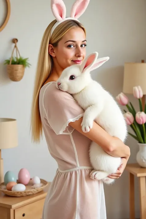 A cute woman (swh, airy summer dress, bunny ears headband)  is in her living room, Easter decorations, she is holding a big white bunny