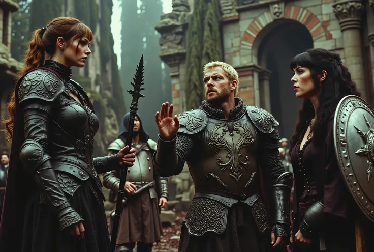 A photograph of a tall woman in intricately etched full-plate ebony armour, wielding a black glaive. She appears unkempt, with long brown hair tied in a ponytail, fair skin, and light green eyes. She is in a heated argument with an angry, muscular blonde m...