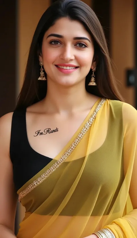 Indian sexy actress, Showing Deep Cleavage , Transparent Golden color Saree, tight black sleeveless blouse, Smiling looking at the camera, Seductive Shy Expression, Blurred natural background. "I'm Randi" tattoo in her upper chest in a very big areal black...