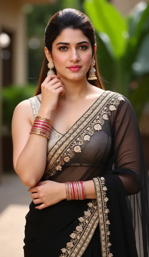 Indian beautiful woman sexy bhabhi,showing dark armpits,strapless Sleeveless blouse,very deep cleavage,curvy plus size model wearing transparent embroidery Black saree ,strapless sleeveless White blouse, plenty of red and white bangles in hand,bindi on for...