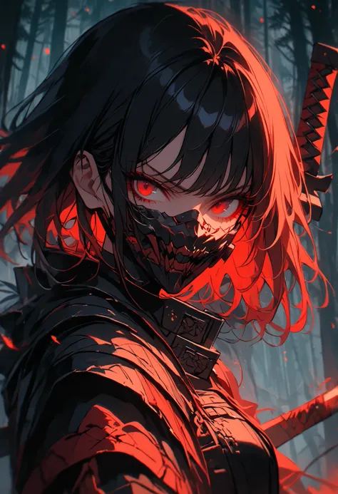 solo, female, black Japanese armor, red mouth mask, night, close up, tengu girl, black wings, talons, holding sword, short sword, red eyes, short black hair, massy hair, pine forest, stoic, glare