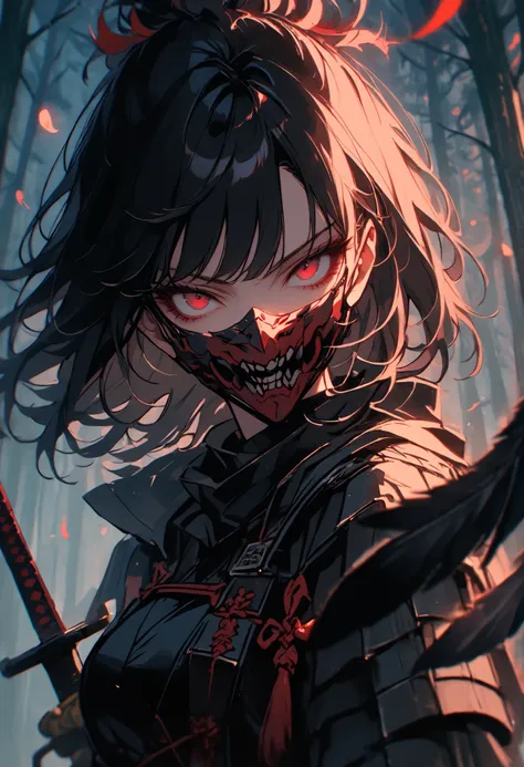 solo, female, black Japanese armor, red mouth mask, night, close up, tengu girl, black wings, talons, holding sword, short sword, red eyes, short black hair, massy hair, pine forest, stoic, glare, hair feathers