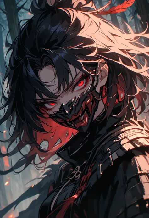 solo, female, black Japanese armor, red mouth mask, night, close up, wings, tengu girl, harpy girl, black wings, talons, holding sword, short sword, red eyes, short black hair, massy hair, pine forest, stoic, glare, hair feathers, oni mask