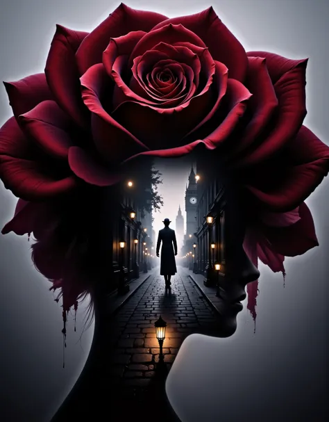 yper-realistic digital painting in double exposure style. A massive translucent silhouette of a black and burgundy rose dominates the composition—its petals rich with texture and shadow, curling like velvet smoke. Within the rose’s transparent form, we see...