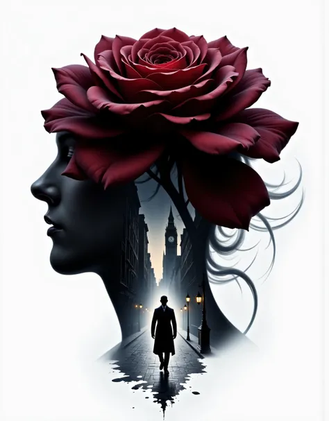 yper-realistic digital painting in double exposure style. A massive translucent silhouette of a black and burgundy rose dominates the composition—its petals rich with texture and shadow, curling like velvet smoke. Within the rose’s transparent form, we see...