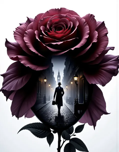 yper-realistic digital painting in double exposure style. A massive translucent silhouette of a black and burgundy rose dominates the composition—its petals rich with texture and shadow, curling like velvet smoke. Within the rose’s transparent form, we see...