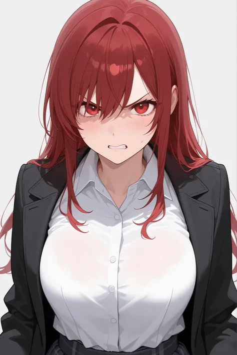 Angry girl red eyes and hair and clothes