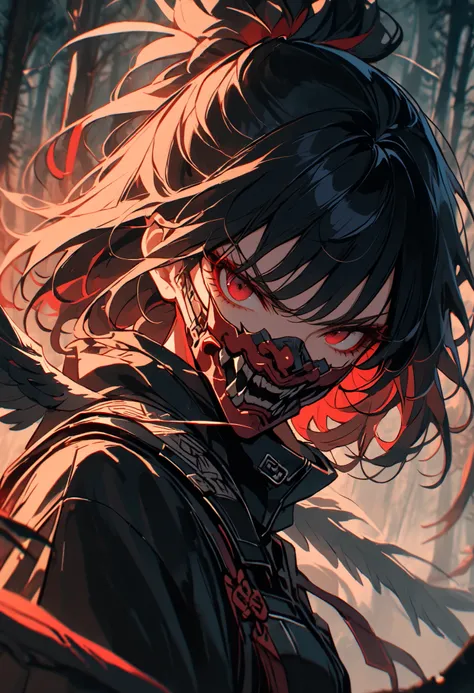 solo, female, black Japanese armor, red mouth mask, night, close up, wings, tengu girl, harpy girl, black wings, talons, holding sword, short sword, red eyes, short black hair, massy hair, pine forest, stoic, glare, hair feathers, oni mask, combat stance, ...