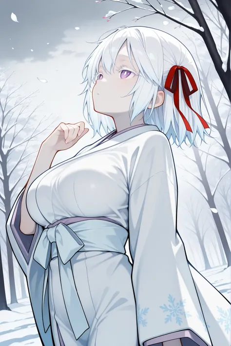 detailed, extremely detailed CG, ultra-detailed, ((snow-covered cherry trees, pale white petals, white landscape, overcast sky, misty background, tranquil, delicate beauty, nostalgic)), looking up, dutch angle, from below, from side, (solo, 1girl, yuki onn...