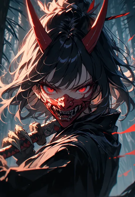 solo, female, harpy girl, wings on back, black Japanese armor, red mouth mask, night, close up, wings, tengu girl, black wings, talons, holding sword, short sword, red eyes, short black hair, massy hair, pine forest, stoic, focused, hair feathers, oni mask...