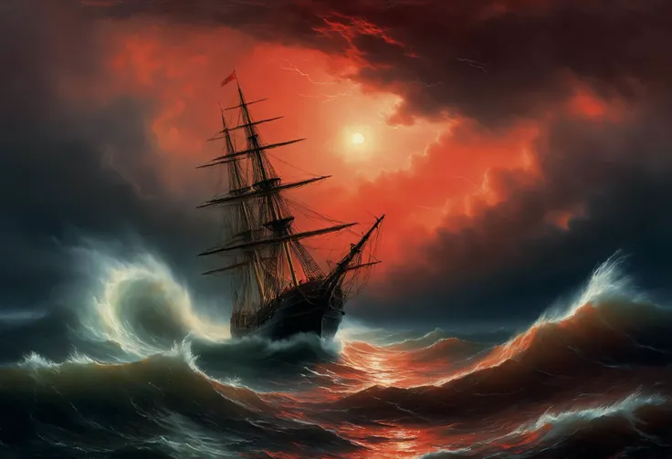 painting of a ship in a stormy sea with a red sky, a ship lost in a storm, dramatic nautical scene, by Ivan Aivazovsky, storm at sea, a violent storm at sea, aivazovsky, in style of aivazovsky, stormy sea, stormy seas, in style of ivan aivazovsky, night se...