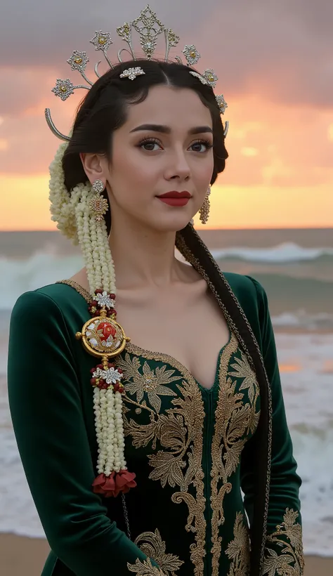 shot with Nikon D70, indonesian lady 18 years old, brown skin, pale face, wear traditional crown, natural, no make up, detailed on face, visible breastline, wear velvet green kebaya, very tight dress. wear dark green long shawl shoulder, tight velvet javan...