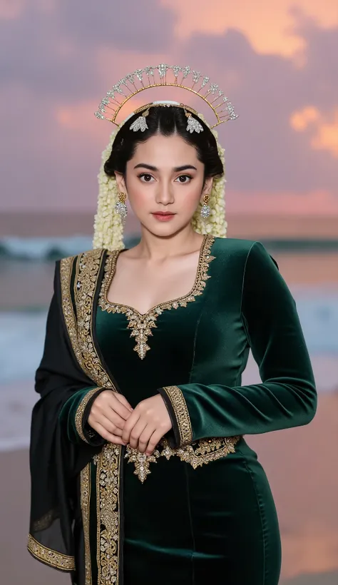 shot with Nikon D70, indonesian lady 18 years old, brown skin, pale face, wear traditional crown, natural, no make up, detailed on face, visible breastline, wear velvet green kebaya, very tight dress. wear dark green long shawl shoulder, tight velvet javan...
