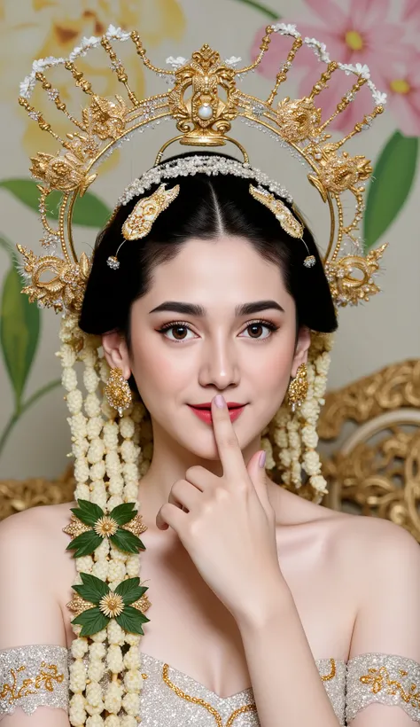 **Prompt:**  

*"A beautiful oriental woman with a realistic face, wearing an elegant traditional Sundanese bridal outfit with intricate golden details. Her long, black hair is adorned with a siger headdress, jasmine flower arrangements, and classic golden...