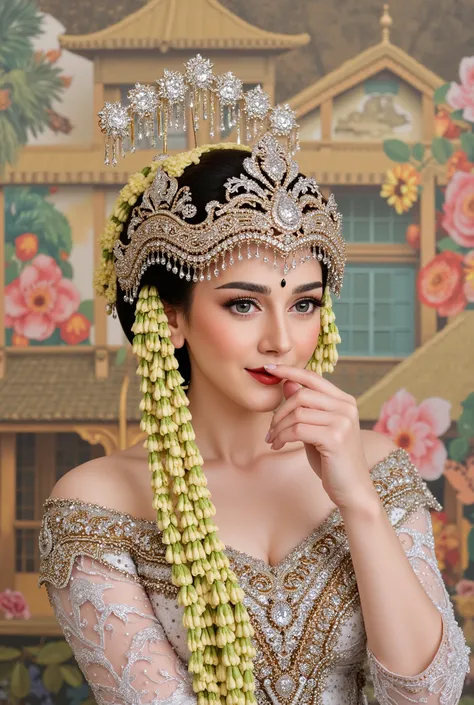 **Prompt:**  

*"A beautiful oriental woman with a realistic face, wearing an elegant traditional Sundanese bridal outfit with intricate golden details. Her long, black hair is adorned with a siger headdress, jasmine flower arrangements, and classic golden...