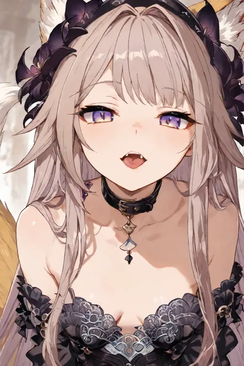 Fox girl, light-Blonde, Renard, Cunning, Fox tail, collar, Beautiful, Long Hair, Golden Eyes, Alluring, small breasts, black lace dress, thigh-high stockings, close up, garter, Herta-like hair