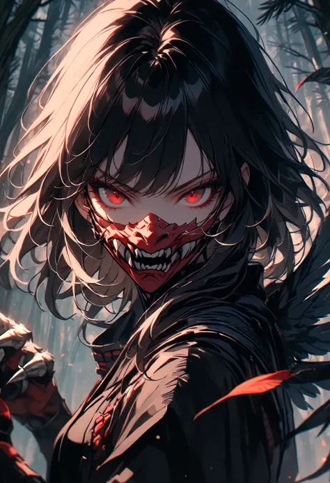 solo, female, harpy girl, wings on back, black Japanese armor, red mouth mask, night, close up, wings, tengu girl, black wings, scaled hands, claws, talon hands, holding sword, short sword, red eyes, short black hair, massy hair, pine forest, stoic, focuse...