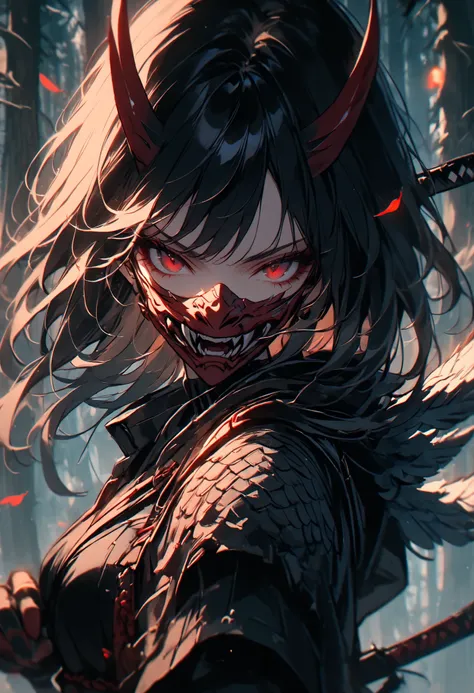 solo, female, harpy girl, wings on back, black Japanese armor, red mouth mask, night, close up, wings, tengu girl, black wings, scaled hands, claws, talon hands, holding sword, short sword, red eyes, short black hair, massy hair, pine forest, stoic, focuse...