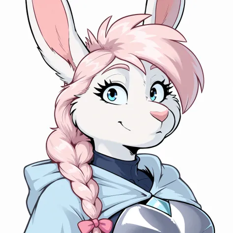 masterpiece, best quality, amazing quality, anthro bunny, female, (solo), big blue eyes, big eyelashes, white fur, medium breasts, hopeful, kind, gentle, small hands, looking at viewer, young, looking at viewer, (medium white pink hair), single braid, (dar...