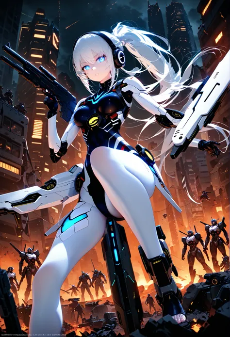 Cowboy Shooting, cyberpunk mecha girl with a long black and white ponytail, Detailed mechanical body with a glowing exoskeleton , Headphone Gear , booster units , equipped with huge weapons , Fighting in a Midnight Ruined City , surrounded by ...