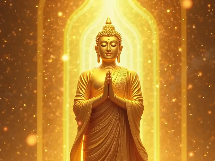 Golden peaceful shinny buddha wear a golden robe stand and blessed ကိုယ်ရောင်တောက်ပနေသော background is gold and shine myanmar style 
