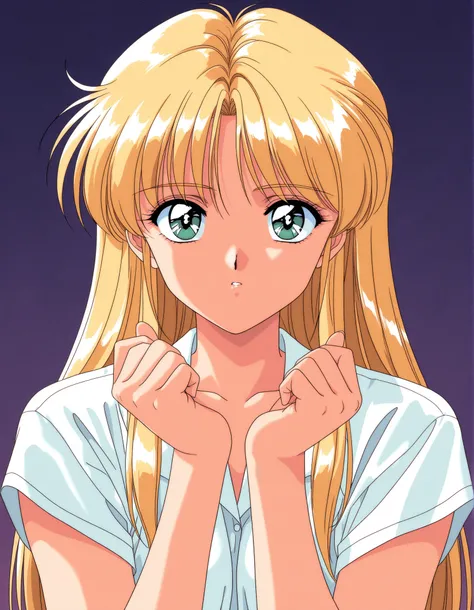 General,highres, ultra-detailed,very aesthetic,best quality ,best hands,  BREAK rika, blonde top model, 1990s (style), retro artstyle, game cg Style