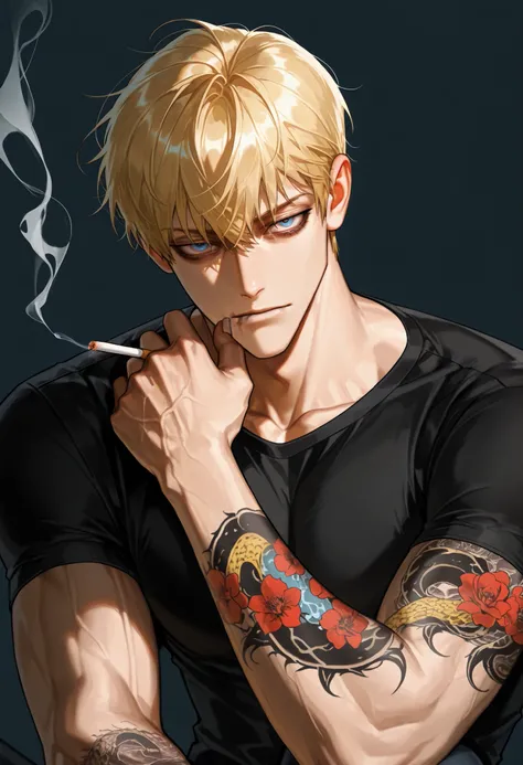 1man, looking at viewer, handsome, simple background, blonde hair, blue eyes, keen eyes, dark circles under the eyes , short hair, high detail, blonde hair, muscular, Yakuza tattoo, black shirt, cigarette