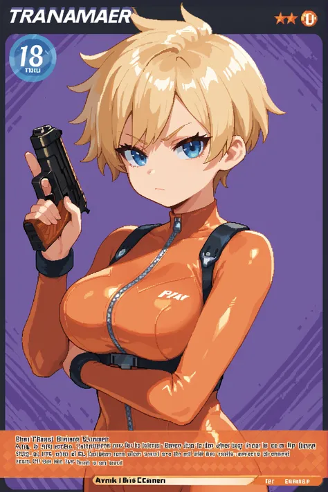 score_9, score_8_up, score_7_up, source_anime, solo, pixel art, tr4dingcard, card (medium), english_text, N, trading_card, white_trade_card_frames, 1girl, solo, young BREAK tomboy
Large breasts, blonde hair, pixie hair cut, very short hair, messy hair, b...