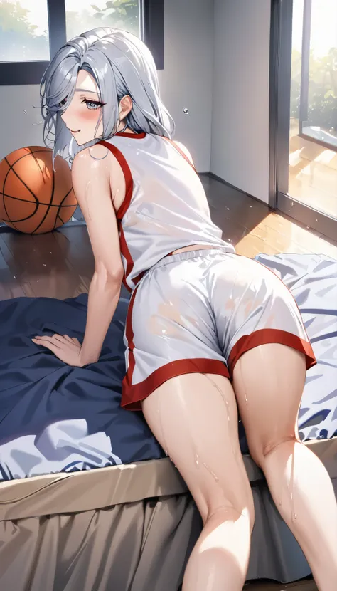 Shenhe , long gray hair , Pretty face, smiling ,close to thighs , moderate chest:1.1, sitting on the bed, in white pajamas, (open mouth:0.4), illustration,detailed textures,super detailed( realistic),portrait style, bright colors , soft lighting. blushin...